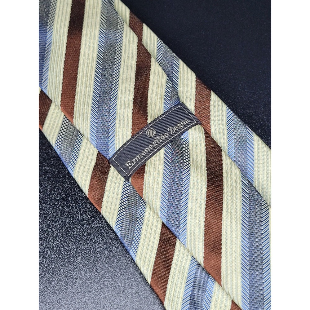 Ermenegildo Zegna Men's Necktie Brown Blue Striped Silk 3.75x58 Excellent